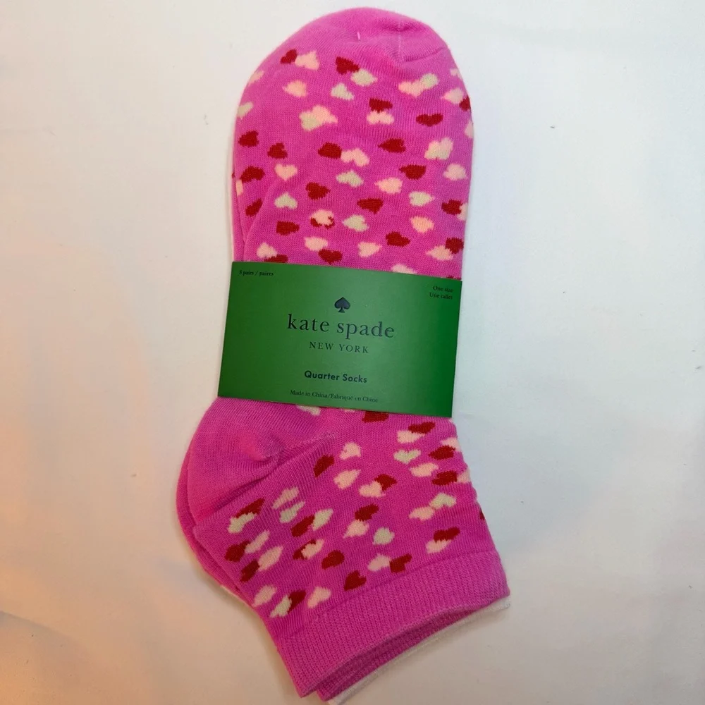 Kate Spade‎ New York Women 3 Pack Quarter Socks Pink Heart Gray White One Size